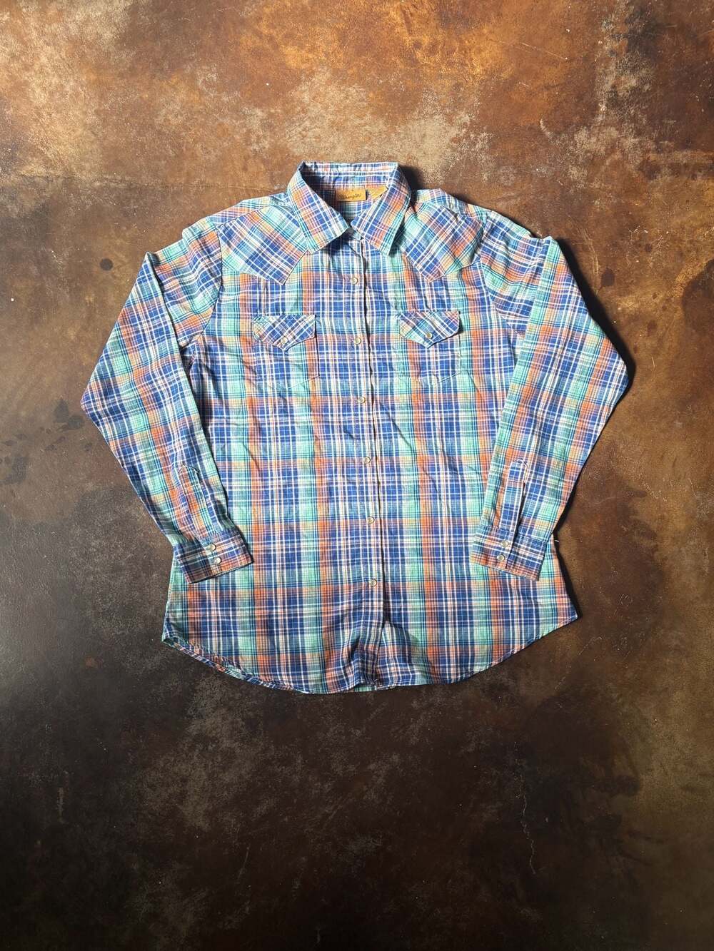 Wrangler Women's Blue Orange and Green Plaid Western Pearl Snap Shirt